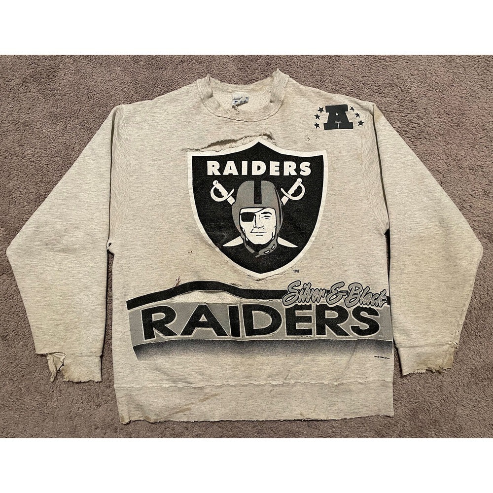Vintage 90s Salem Oakland Raiders All Over Print Sweatshirt L Distressed‎